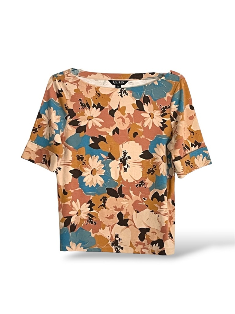 Lauren Ralph Lauren Cotton Multicolor Floral Short Sleeve Petite-Large Top